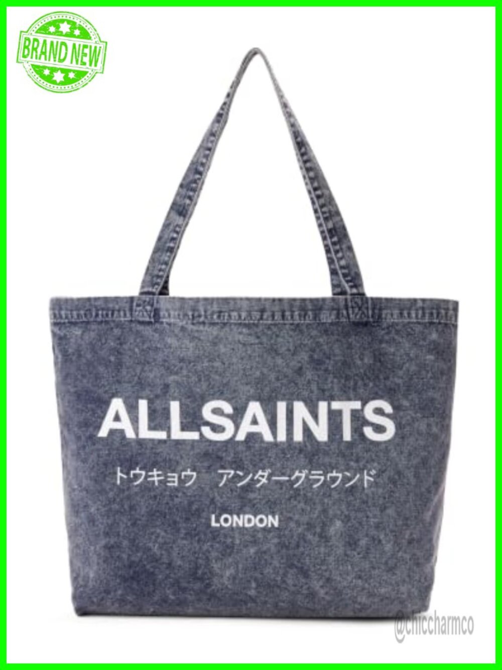 Acid Wash Denim Tote Bag Double Handle Japanese Text Street Style